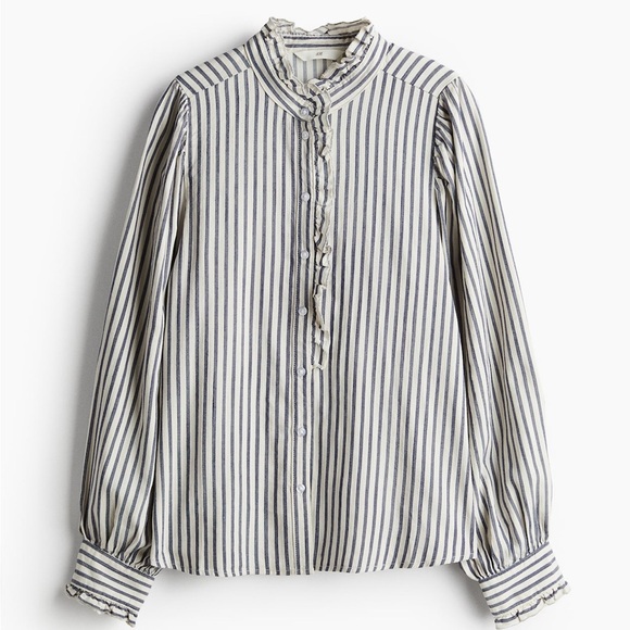H&M Tops - H&M Ruffled Trimmed Twill Blouse Navy and White Striped Shirt Size XXL